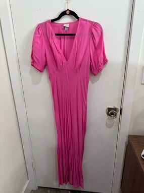 a new day Hot Pink V-Neck Maxi Dress with Puff Sleeves